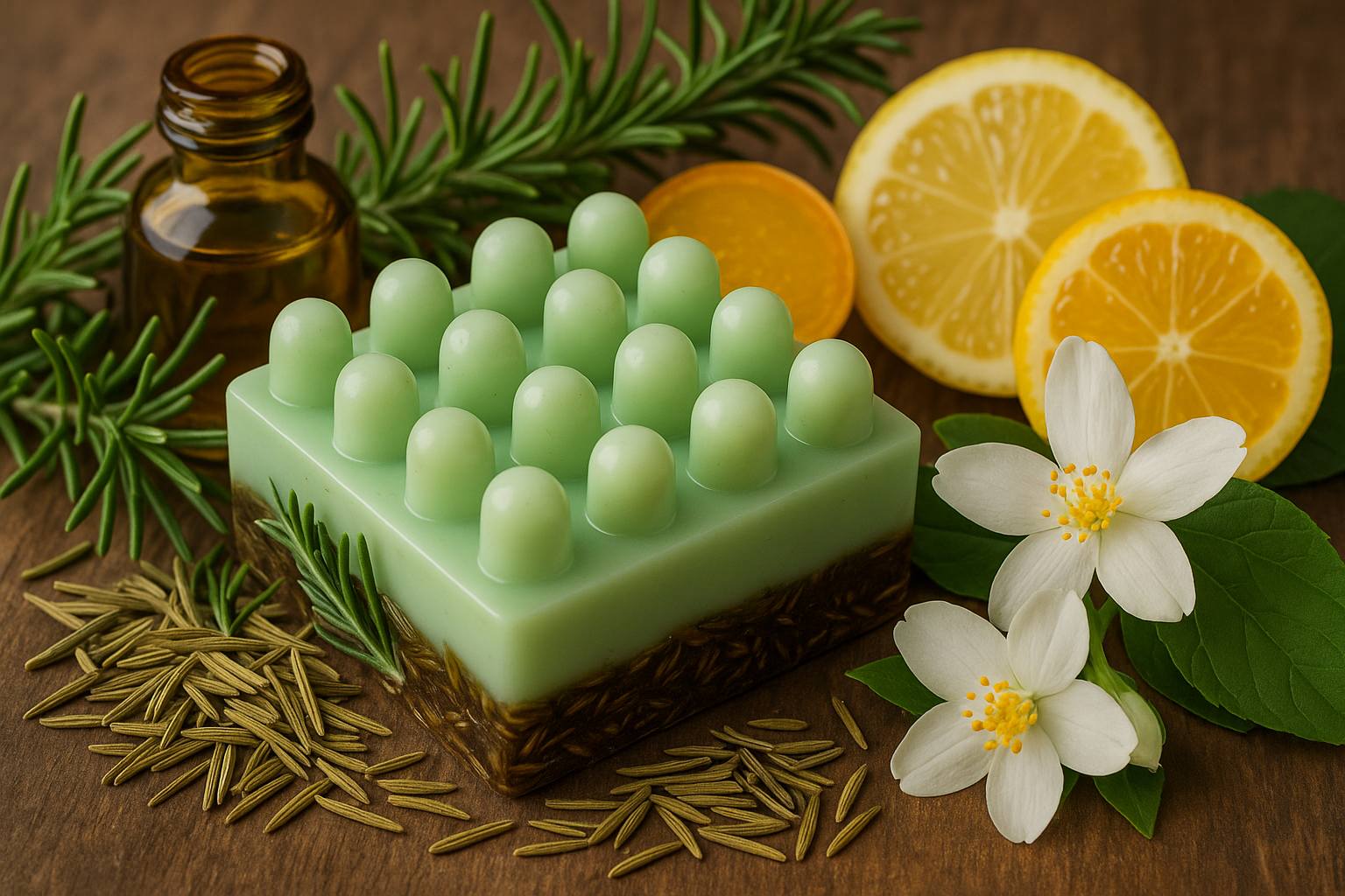 Green soap bar with lemon slices, rosemary, and a flower on a wooden background