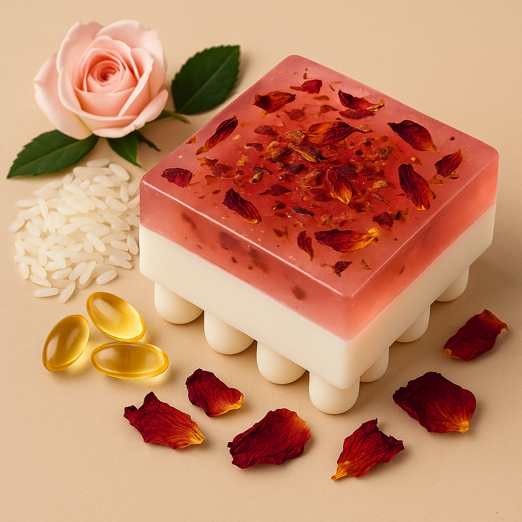 Square soap with rose petals and rice on a beige background