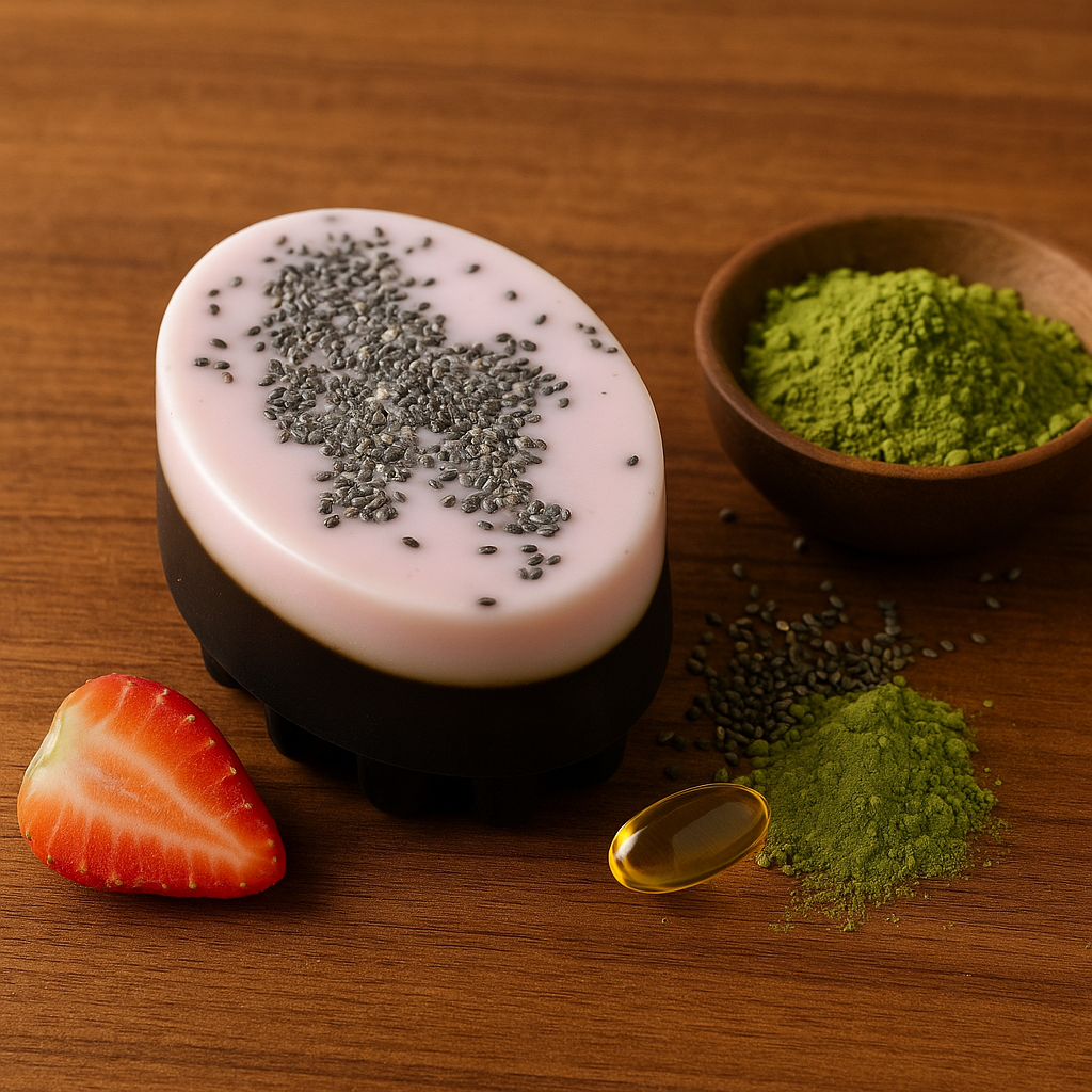 "EverBloom Matcha Strawberry & Chia Seed Massage Soap Bar – handmade with matcha, strawberry, chia seeds & Vitamin E. Brightening, exfoliating, nourishing."