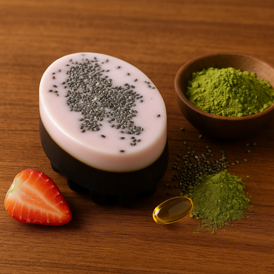 "EverBloom Matcha Strawberry & Chia Seed Massage Soap Bar – handmade with matcha, strawberry, chia seeds & Vitamin E. Brightening, exfoliating, nourishing."
